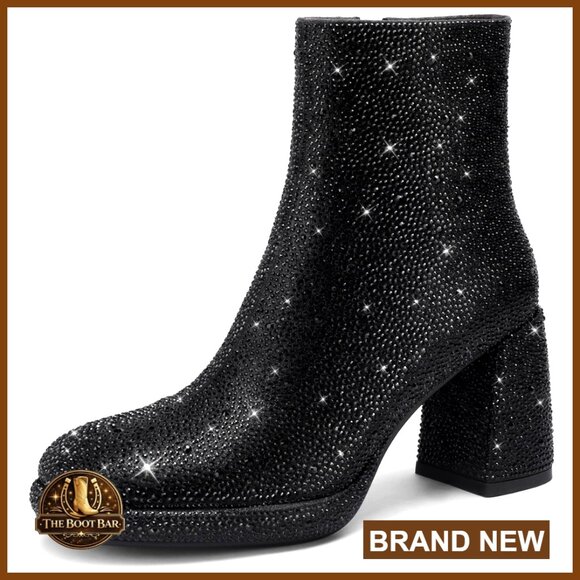 Shoes - Sparkly Rhinestone Ankle Booties Chunky Block Heel Platform Wedding Party
